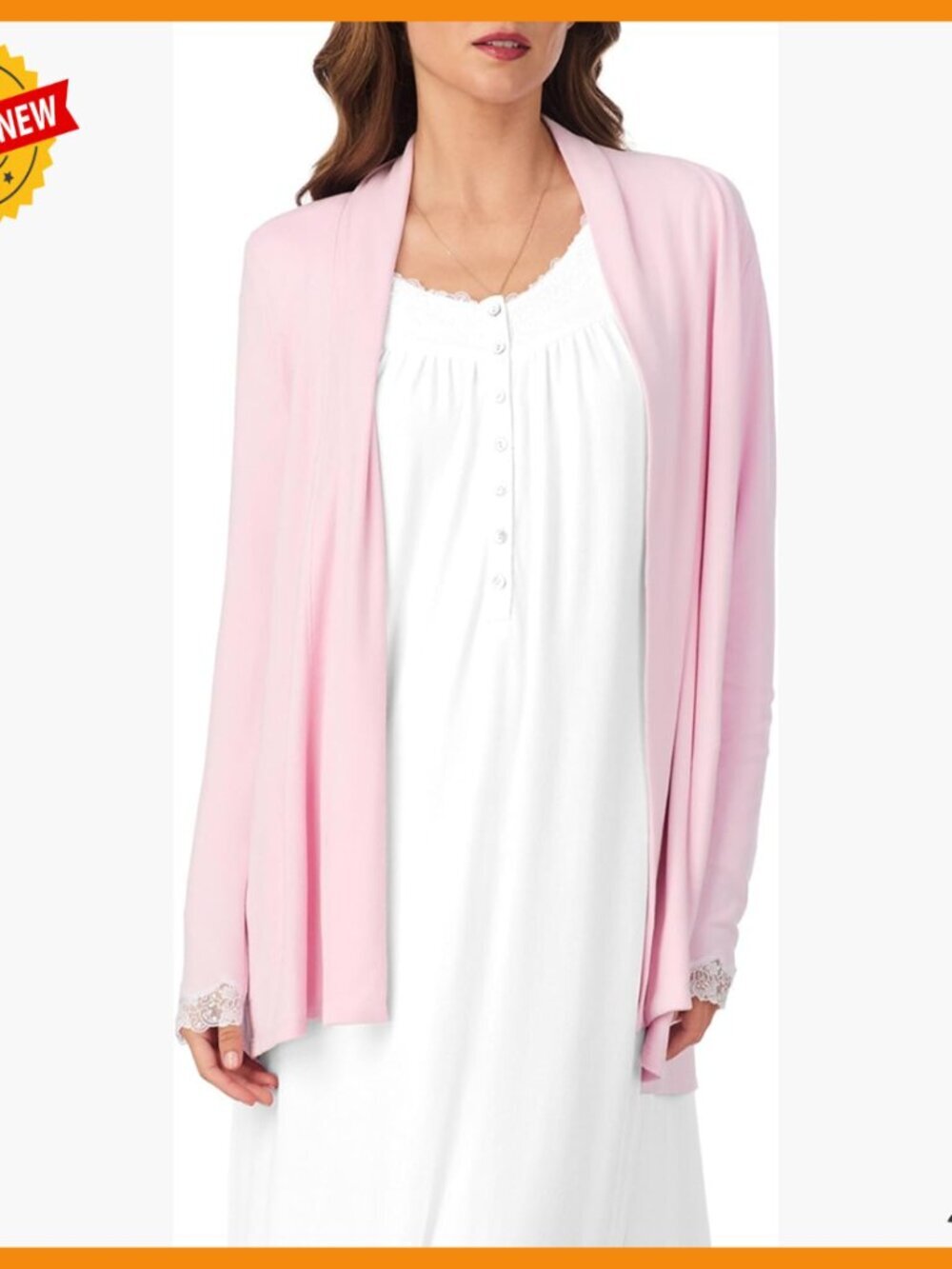 Soft Sweater Knit Cardigan with Lace Trim and Pockets for Sleep or Lounge